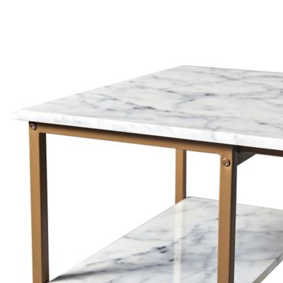 Image showing  3 pc. Marmo Breakfast Table Dining Set with Faux Marble Top and Metal Base, Brass Finish