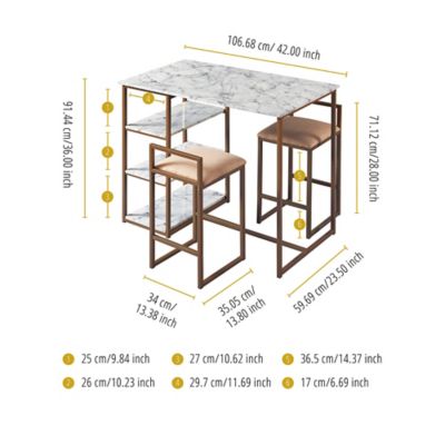 Image showing  3 pc. Marmo Breakfast Table Dining Set with Faux Marble Top and Metal Base, Brass Finish