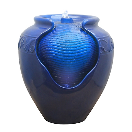 Peaktop Outdoor Glazed Pot Floor Water Fountain, Royal Blue