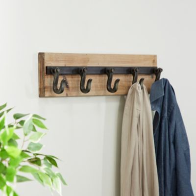 Harper & Willow Rectangular Wood Wall Rack with 5 Iron Hooks