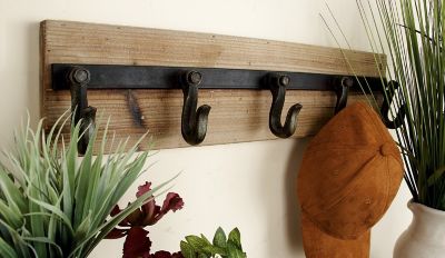 Image showing  Brown Wood 5 Hanger Wall Hook with Black Metal Hardware, 24" x 4" x 6"