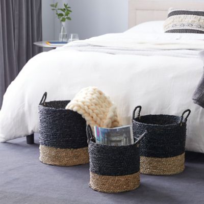 Harper & Willow Black and Natural Woven Round Seagrass Baskets with Handles, 14 in., 16 in., 18 in., 3 pc.