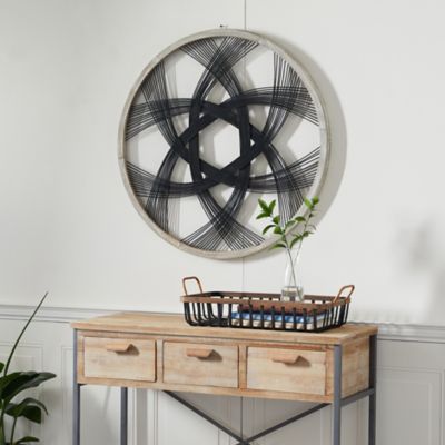 Harper & Willow Round Wood and Black Rattan Wall Decor, 33.5 in. x 33.5 in.