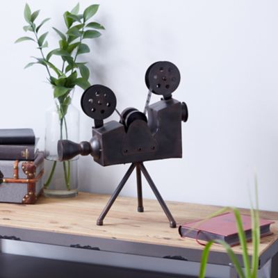 Harper & Willow 12 in. x 15 in. Vintage Double Reel Movie Camera Table Decor with Tripod Base, Brown, Metal