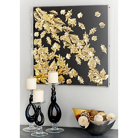 Harper & Willow Large Square Modern Black and Metallic Gold Leaf Shadow Box Wall Decor, 23.5 in. x 23.5 in.