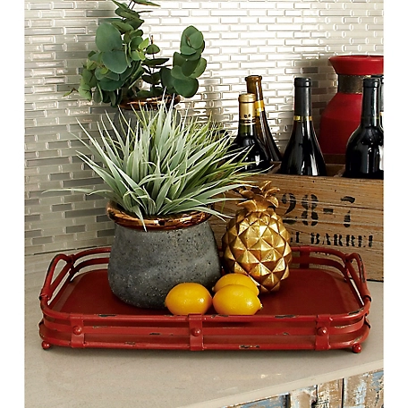 Harper & Willow Vintage-Style Rectangular Distressed Metal Serving Tray Set, Red, 19 in. x 3 in. and 17 in. x 2.5 in., 2 pc.