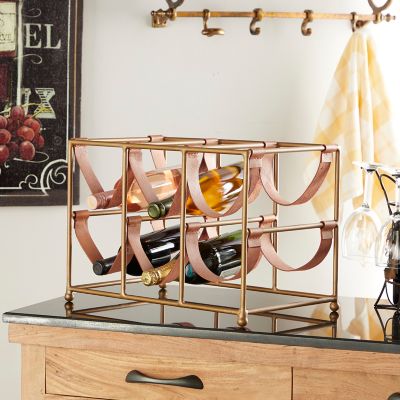 Harper & Willow 6-Bottle Rectangular Metal and Tan Leather Wine Holder, 17.5 in. x 12 in., Gold