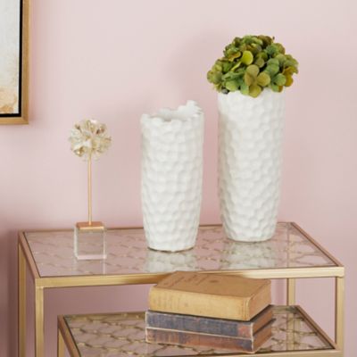 Harper & Willow 6 in. x 14 in. Extra-Large Cylinder White Porcelain Vase with Honeycomb Texture and Top