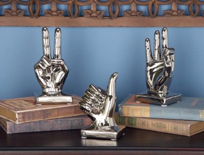 Harper & Willow Metallic Polished Silver Hand Sculpture Table Decor Statues with Thumbs Up, 3 pc.
