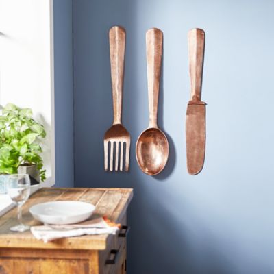 Harper & Willow Copper Aluminum Knife Spoon and Fork Utensils Wall Decor Set, 8 in. x 34 in., 3 pc.