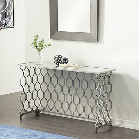 Harper & Willow Rectangular Silver Metal Console Table with Mirror Top and Geometric Pattern Base, 55 in. x 32 in. x 17.5 in.