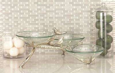 Harper & Willow Glam Style Green Glass Bowls on Bird and Branches Stand, 22 in. x 9 in.
