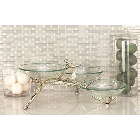 Harper & Willow Glam Style Green Glass Bowls on Bird and Branches Stand, 22 in. x 9 in.
