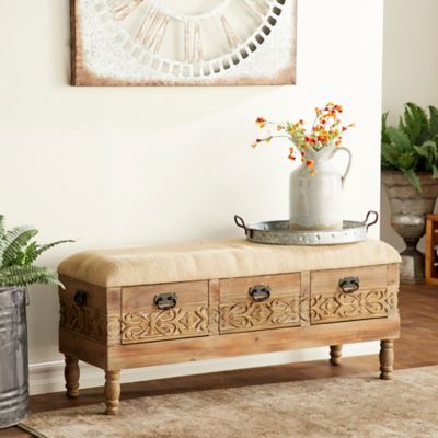 Harper & Willow Natural Carved Wood Bench with Drawers, 47 in. x 20 in.