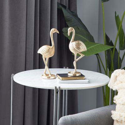 Harper & Willow Gold Metal Flamingo Sculptures with Round Base, 12 in., 13 in., 2 pc.