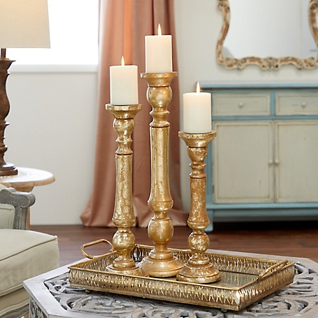 Harper & Willow Traditional Style Turned Column Metallic Gold Wood Candlesticks, 3 pc., 14431