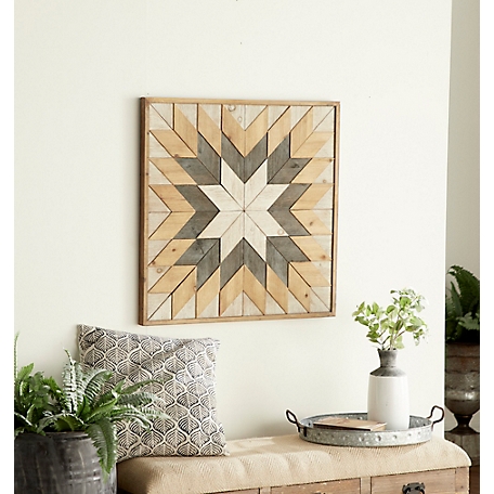 Harper & Willow Square Chevron Pattern Gray/White/Natural Wood Wall Art, 30 in. x 30 in.