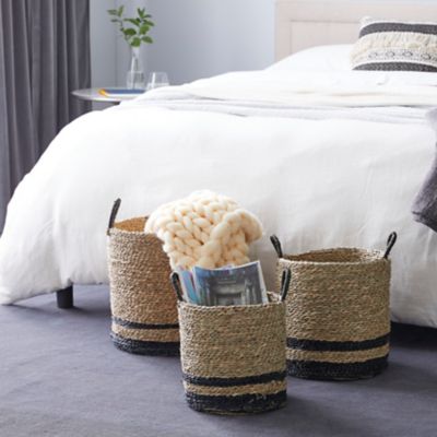 Harper & Willow Black and Natural Woven Striped Round Seagrass Baskets with Handles, 15 in., 17 in., 18 in., 3 pc.