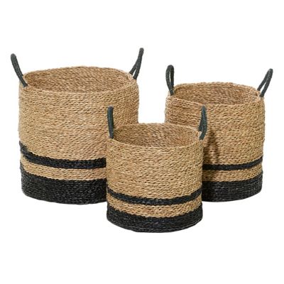 Image showing  Black and Natural Woven Striped Round Seagrass Baskets with Handles, 15 in., 17 in., 18 in., 3 pc.