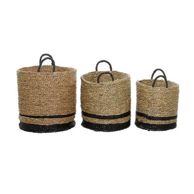 Image showing  Black and Natural Woven Striped Round Seagrass Baskets with Handles, 15 in., 17 in., 18 in., 3 pc.