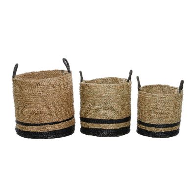 Image showing  Black and Natural Woven Striped Round Seagrass Baskets with Handles, 15 in., 17 in., 18 in., 3 pc.