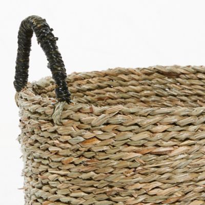Image showing  Black and Natural Woven Striped Round Seagrass Baskets with Handles, 15 in., 17 in., 18 in., 3 pc.