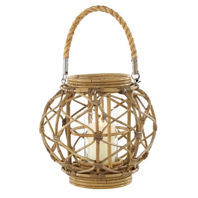 Image showing  Round Brown Woven Rattan Lantern with Burlap Jute Rope Handle and Glass Insert, 13" x 10.5", 62836