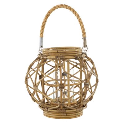 Image showing  Round Brown Woven Rattan Lantern with Burlap Jute Rope Handle and Glass Insert, 13" x 10.5", 62836