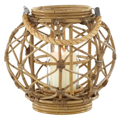 Image showing  Round Brown Woven Rattan Lantern with Burlap Jute Rope Handle and Glass Insert, 13" x 10.5", 62836