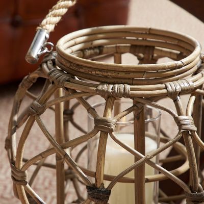 Image showing  Round Brown Woven Rattan Lantern with Burlap Jute Rope Handle and Glass Insert, 13" x 10.5", 62836