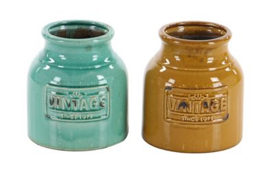 Image showing  6 in x 7 in Round Ceramic Cutlery Kitchen Jars with Mustard/White/Green Crackle Glaze Finishes, Set of 3, 71260