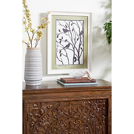 Harper & Willow Rectangular B&W Bird Illustration Print in White Frame with Olive Green Mat Board, 17.5 in. x 23.5 in.