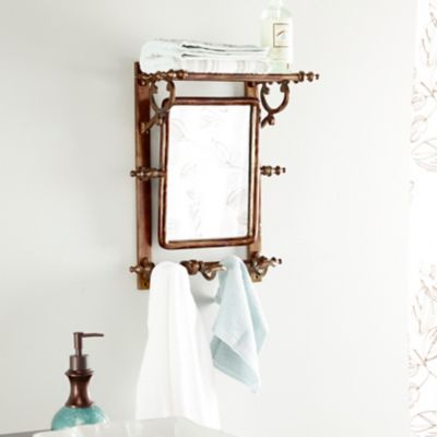 Harper & Willow Copper Bathroom Wall Rack with Hooks and Rectangular Mirror, 15 in. x 20 in.