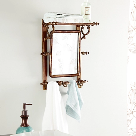 Harper & Willow Copper Bathroom Wall Rack with Hooks and Rectangular Mirror, 15 in. x 20 in.