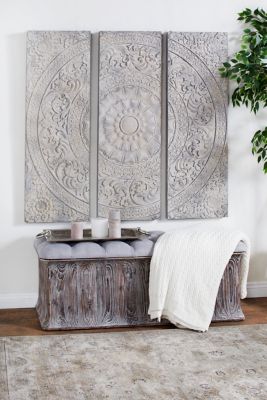 Harper & Willow Large Stone Gray Decorative Carved Wood Wall Decor Panel Set with Radial Acanthus Carvings, 15.5 x 55 in., 3 pc.