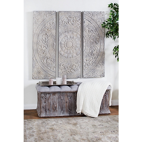 Harper & Willow Large Stone Gray Decorative Carved Wood Wall Decor Panel Set with Radial Acanthus Carvings, 15.5 x 55 in., 3 pc.