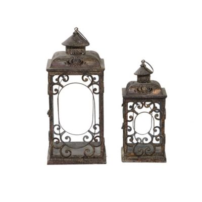 Image showing  Rectangle Brown Metal and Glass Votive Lanterns, 9 x 9 x 20 Inch, 7 x 7 x 15 Inch, Set of 2, 52949