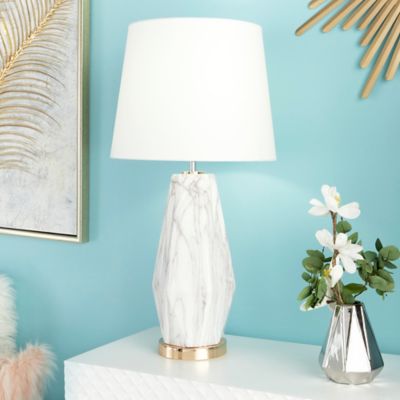 Harper & Willow 8 in. x 25 in. Large Geometric White Marble Table Lamp with Metallic Gold Base and White Drum Shade