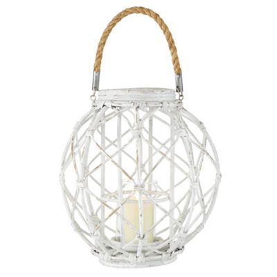 Image showing  15" x 15" Large Woven Rattan White Lantern with Burlap Jute Rope Handle & Glass Insert, 62835