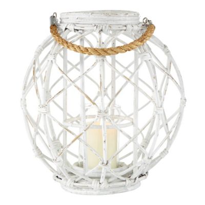 Image showing  15" x 15" Large Woven Rattan White Lantern with Burlap Jute Rope Handle & Glass Insert, 62835