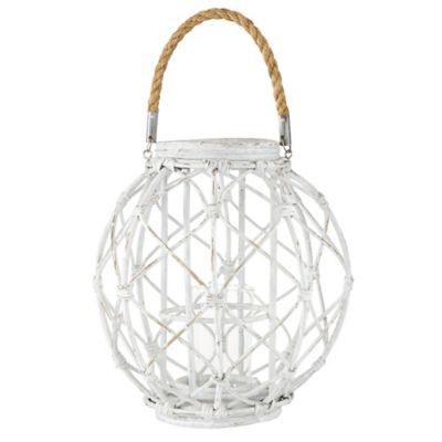 Image showing  15" x 15" Large Woven Rattan White Lantern with Burlap Jute Rope Handle & Glass Insert, 62835