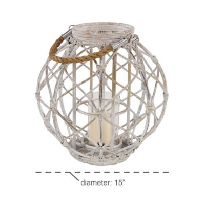 Image showing  15" x 15" Large Woven Rattan White Lantern with Burlap Jute Rope Handle & Glass Insert, 62835