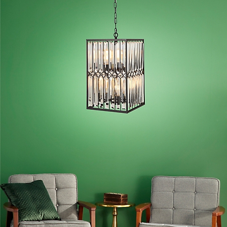 Harper & Willow Large Rectangular Black Metal and Beveled Glass Chandelier with Edison Bulbs, 13" x 22"