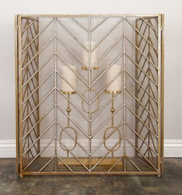 Harper & Willow Gold Metal Foldable Mesh Netting 3 Panel Geometric Fireplace Screen with Chevron Pattern 52 in. x 1 in. x 31 in.