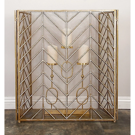 Harper & Willow Gold Metal Foldable Mesh Netting 3 Panel Geometric Fireplace Screen with Chevron Pattern 52 in. x 1 in. x 31 in.