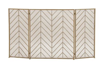Image showing  52 in. x 31 in. Metal Folding Mesh Netting 3-Panel Geometric Fireplace Screen with Chevron Pattern, Gold
