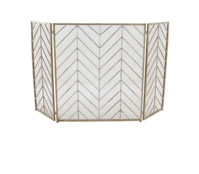 Image showing  52 in. x 31 in. Metal Folding Mesh Netting 3-Panel Geometric Fireplace Screen with Chevron Pattern, Gold