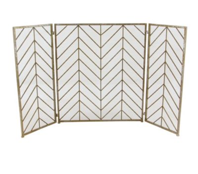 Image showing  52 in. x 31 in. Metal Folding Mesh Netting 3-Panel Geometric Fireplace Screen with Chevron Pattern, Gold