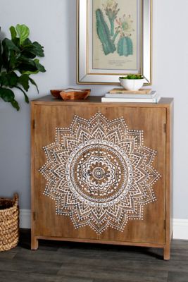 Harper & Willow 2-Shelf Small Square Natural Wood Cabinet with Shelves and Carved White Mandala Design, 33 in. x 36 in.