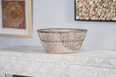 Harper & Willow Round Decorative Hand-Carved Wood Bowl with Tribal Design, Brown/White, Large, 15.5 in. x 7 in.